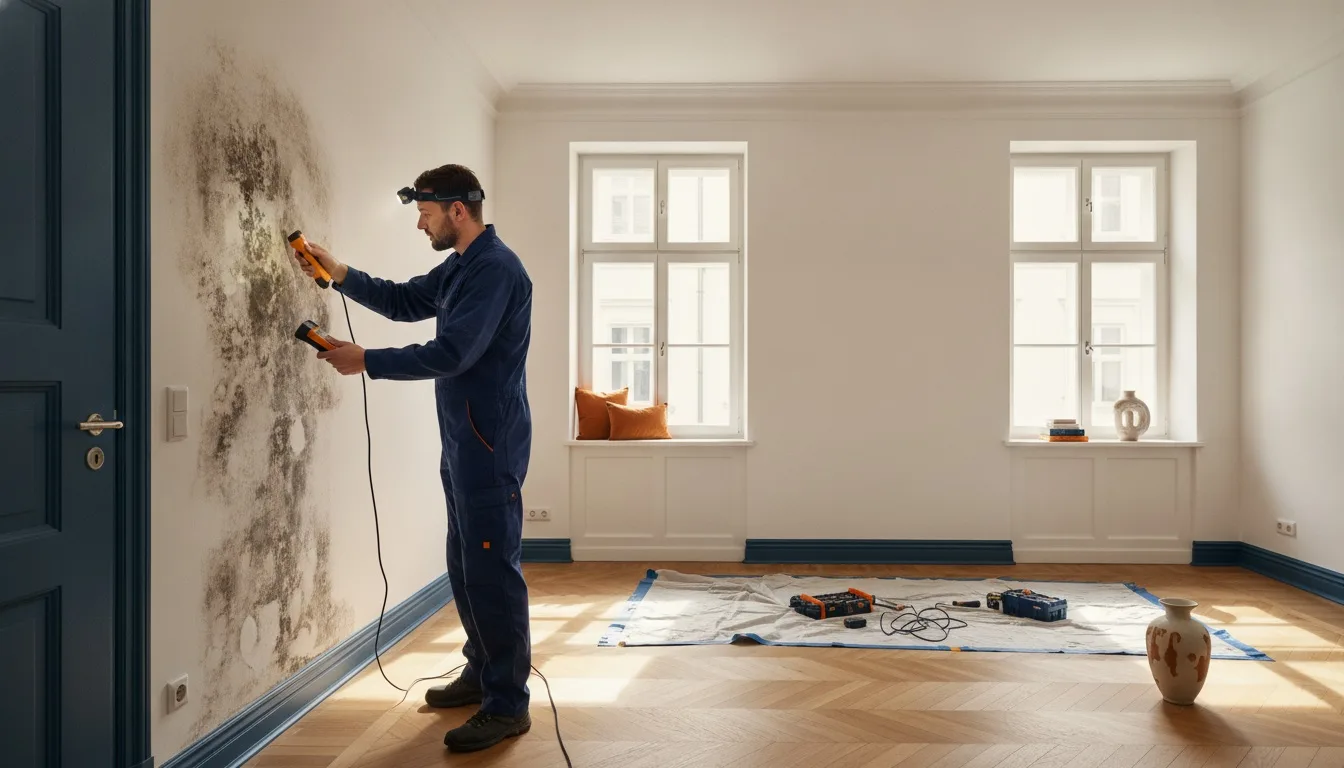 Fachhandwerker misst mit Feuchtigkeitsmessgerät eine von Schimmel befallene Wand – Schimmelbeseitigung Hamburg